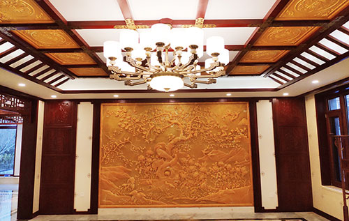 海曙中式别墅客厅中式木作横梁吊顶装饰展示